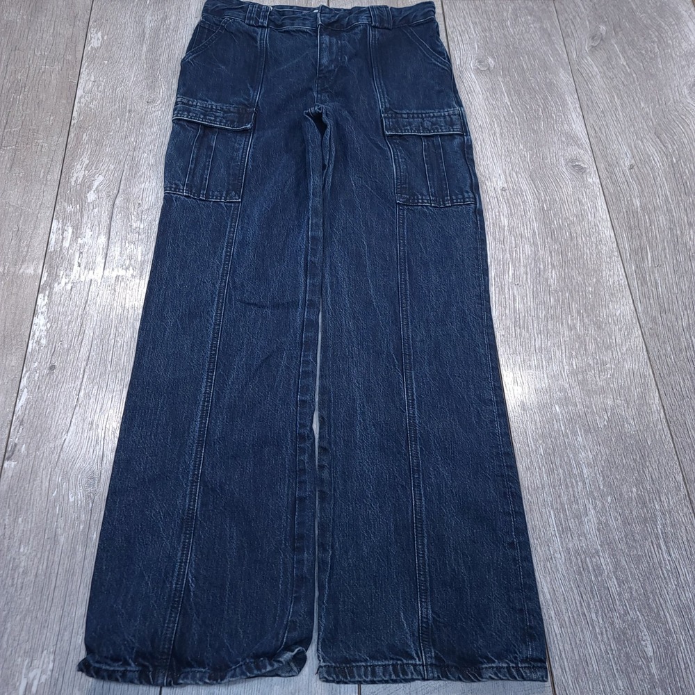 Zara Cargo Jeans Womens Size 6 Dark Blue Wide Leg High Rise Baggy Denim